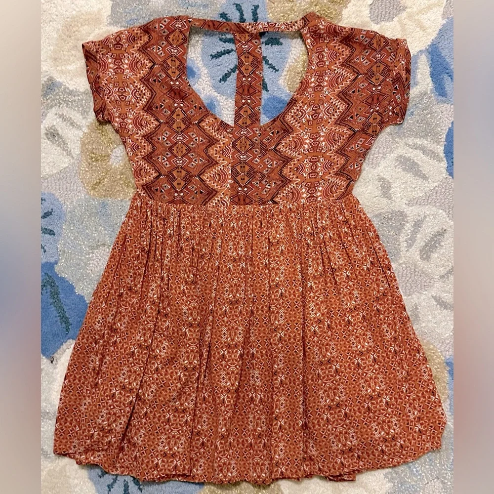 Free People Sundown Boho Babydoll Mini Dress Orange Combo ZB1